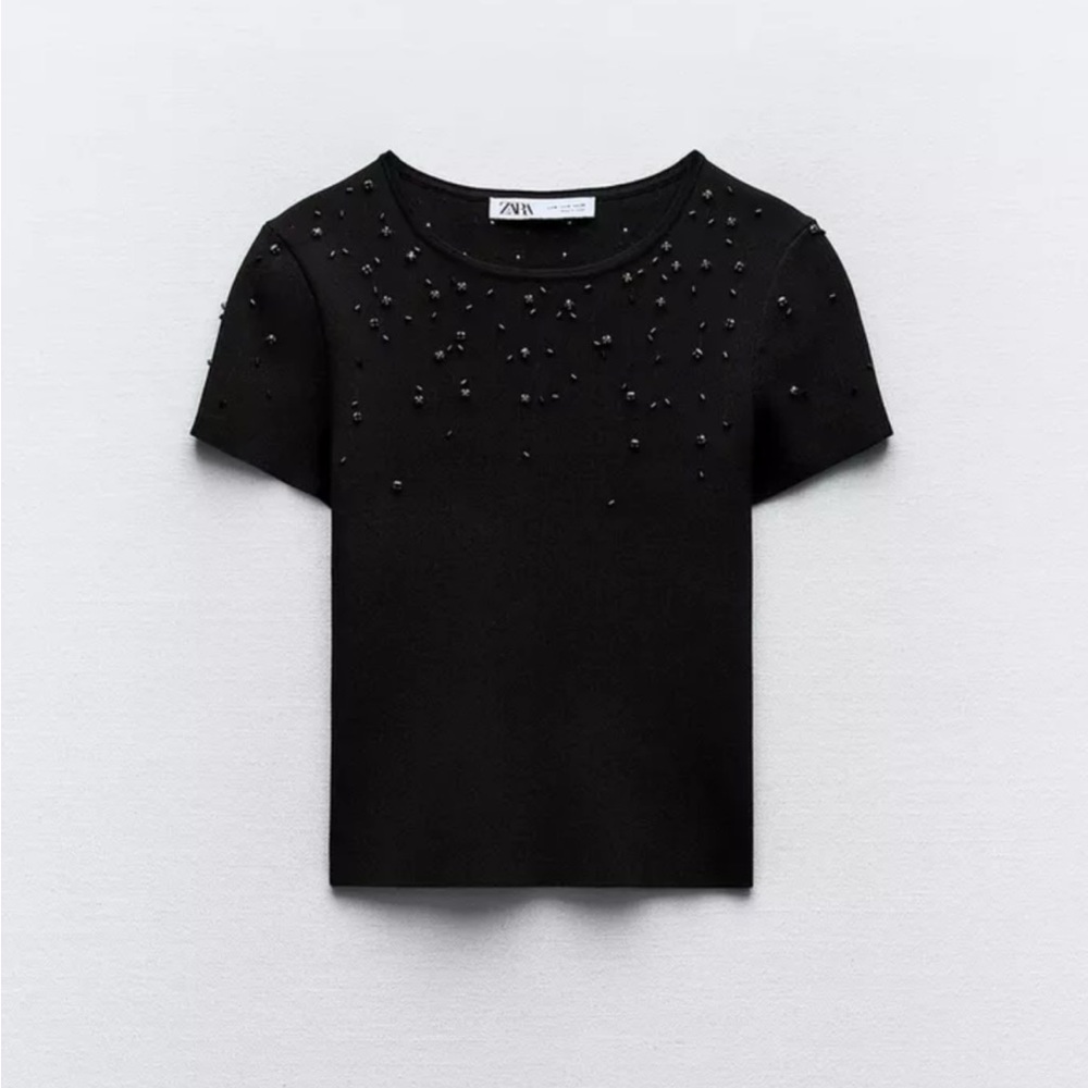 Zara Black Embellished Crop Tee